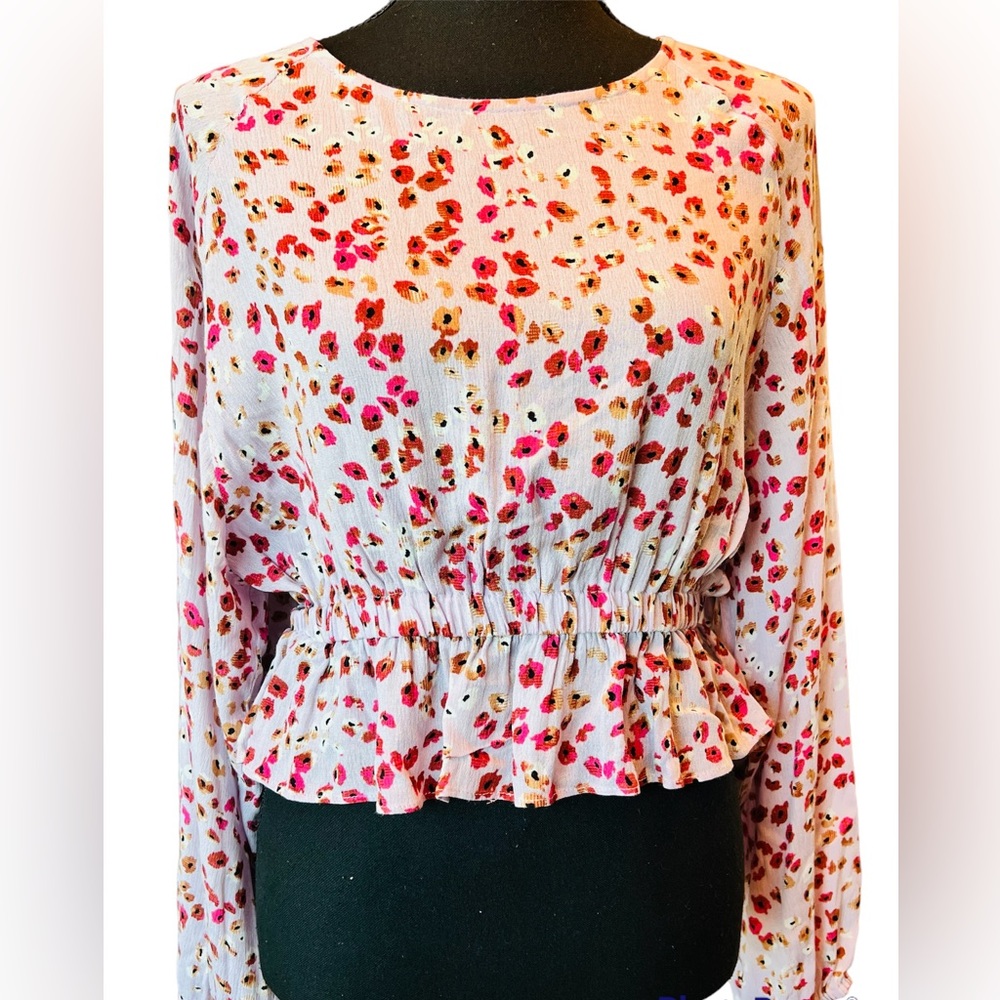 NWT Altar’d State Floral Long Sleeve Slightly Cropped Peplum Blouse Size Small